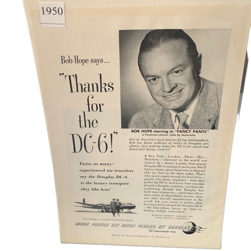 Vintage 1950 Douglas Bob Hope Thanks for the DC-6 Ad Advertisment